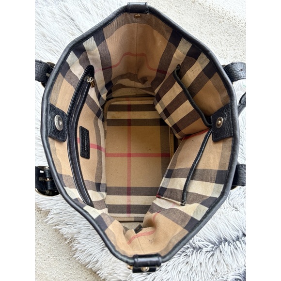 Burberry Authentic Classic Black Leather Textured Tote Plaid Interior - Picture 4 of 15